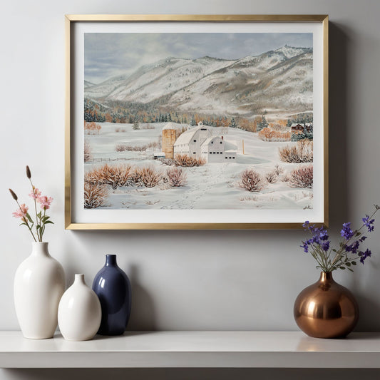 Framed winter landscape painting on a wall with decorative vases below.